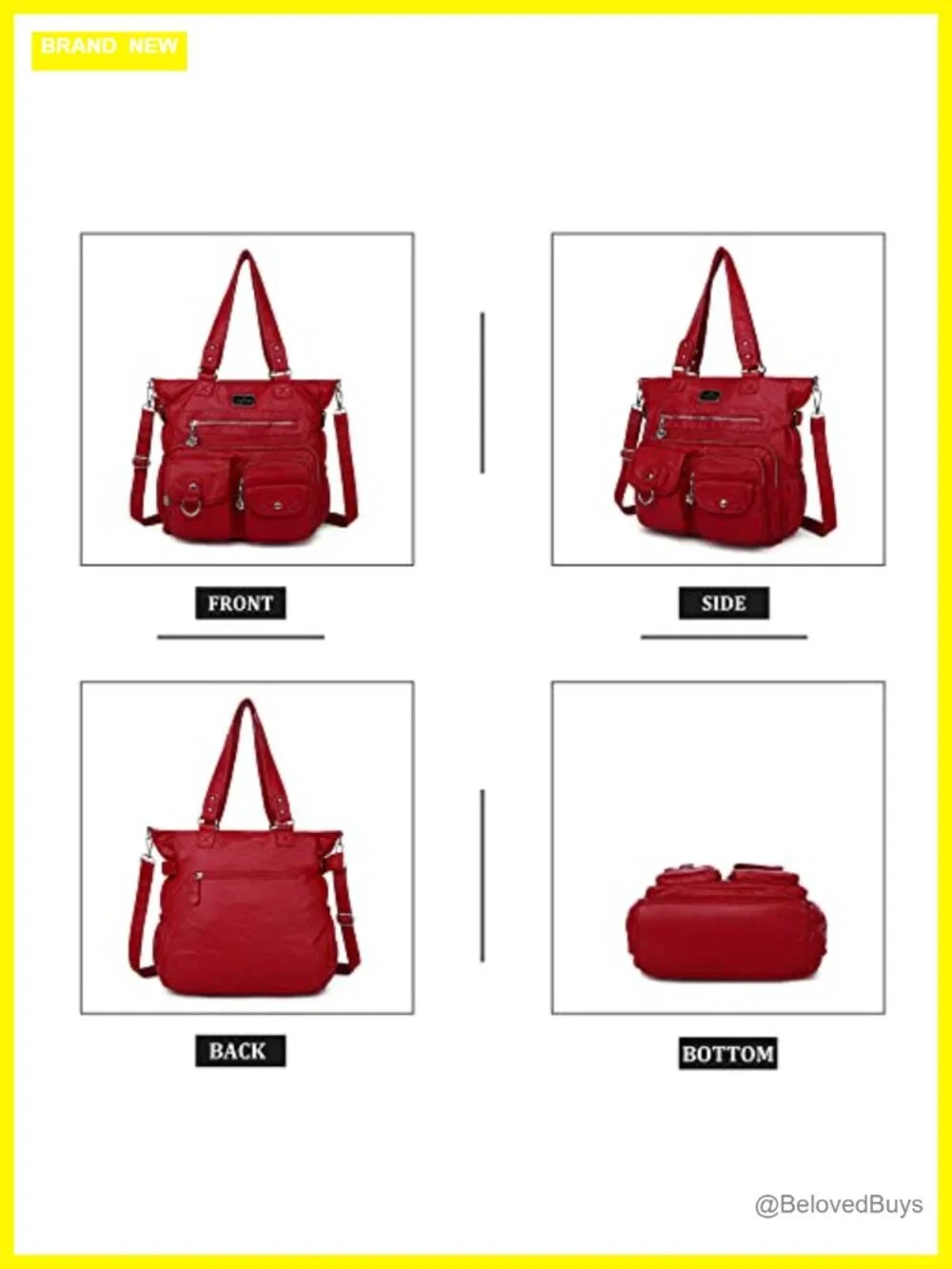 Large PU Leather Satchel Handbag with Adjustable Strap, 7 Pockets, Zipper